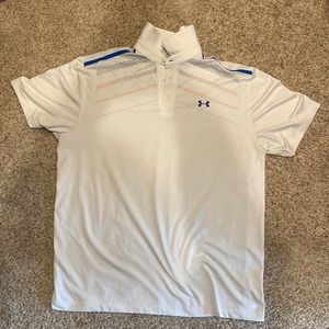 orange white blue collared golf shirt